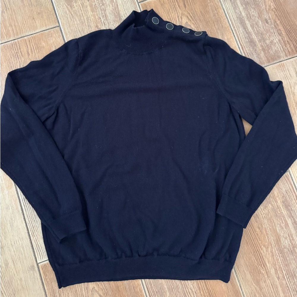 Sezane Navy Mock Neck Sweater with Button Details